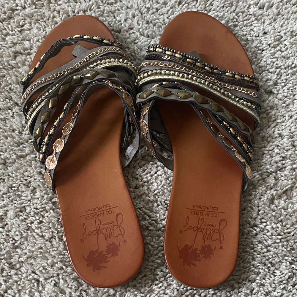 Jellypop Women's Strappy Tan and Gold Sandals - Picture 4 of 5